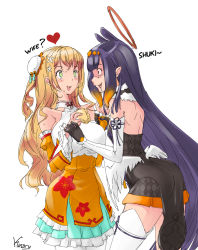 Rule 34 | 2girls, artist name, black dress, black hair, blonde hair, breasts, cowboy shot, detached sleeves, dress, drooling, dumpling, english text, flat chest, floral print, flower, food, gloves, hair bun, hair flaps, hair flower, hair ornament, halo, heart, highres, holding, holding another&#039;s arm, holding food, hololive, hololive english, jiaozi, kinarytwit, large breasts, looking at another, momosuzu nene, multicolored hair, multiple girls, ninomae ina&#039;nis, ninomae ina&#039;nis (1st costume), orange hair, pointy ears, saliva, shaded face, signature, single hair bun, strapless, strapless dress, surprised, thighhighs, virtual youtuber, white background, wide-eyed, yandere, yuri, zettai ryouiki