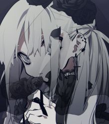 Rule 34 | 1girl, black flower, black nails, black rose, closed mouth, commentary request, cross, ear piercing, earrings, fingernails, flower, grey eyes, grey hair, hair flower, hair ornament, hair over one eye, hand up, highres, holding, holding flower, jewelry, looking at viewer, mochizuki kei, nail polish, original, parted lips, petals, piercing, portrait, rose, rose petals, see-through, solo, veil