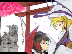 Rule 34 | 2girls, aged down, bandage on face, bandages, blunt bangs, bow, cherry blossoms, commentary request, day, dress, facial mark, from side, gohei, hair bow, hair over eyes, hair tubes, hakurei reimu, hand on another&#039;s head, hat, holding, holding umbrella, komainu, komano aunn, komano aunn (komainu), letterboxed, lipstick, long sleeves, makeup, mob cap, multiple girls, petals, profile, purple lips, ryuuichi (f dragon), short hair, smile, spring (season), tabard, torii, touhou, tree, umbrella, white background, white dress, wide sleeves, yakumo yukari