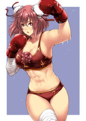 Rule 34 | 1girl, abs, arm up, armpits, bandages, blue background, boxing, boxing gloves, breasts, bun cover, cleavage, cowboy shot, curvy, double bun, female focus, flower, hair bun, hip focus, ibaraki kasen, large breasts, looking up, motion lines, muscular, muscular female, open mouth, pink eyes, pink hair, punching, short hair, short shorts, shorts, solo, sports bra, sweat, thighs, tobisawa, touhou