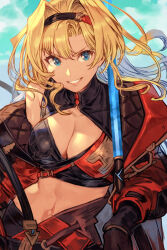 Rule 34 | 1girl, blonde hair, blue eyes, breasts, cleavage cutout, clothing cutout, crop top, cropped jacket, granblue fantasy, hairband, holding, holding weapon, hungry clicker, jacket, long hair, looking at viewer, medium breasts, midriff, navel, open clothes, open jacket, polearm, red jacket, smile, solo, spear, teeth, upper body, weapon, zeta (granblue fantasy)