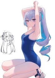 Rule 34 | 2girls, absurdres, armpits, arms up, bare arms, bare legs, blue hair, blue one-piece swimsuit, blue ribbon, blush, breasts, bronya zaychik, bronya zaychik (herrscher of truth), cellphone, cleavage, closed eyes, closed mouth, collarbone, colored inner hair, commentary request, drooling, flower, from side, grey hair, hair between eyes, hair flower, hair ornament, hair ribbon, high ponytail, highres, holding, holding phone, honkai (series), honkai impact 3rd, legs, looking at viewer, mouth drool, multicolored hair, multiple girls, on one knee, one-piece swimsuit, open mouth, phone, purple eyes, ribbon, sandals, school swimsuit, seele vollerei, seele vollerei (herrscher of rebirth), simple background, small breasts, smile, solo focus, spaghetti strap, swimsuit, two-tone hair, wavy mouth, white background, yonacia