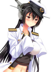 Rule 34 | 1girl, absurdres, admiral (kancolle), admiral (kancolle) (cosplay), antennae, black hair, blush, borrowed clothes, breasts, brown eyes, colored eyelashes, cosplay, epaulettes, frown, hair ornament, hairband, hat, headgear, highres, kantai collection, large breasts, long hair, military, military uniform, moeki yuuta, nagato (kancolle), navel, oversized clothes, peaked cap, simple background, sleeves past wrists, solo, uniform, upper body, white background, yujin-yujin