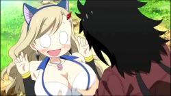 Rule 34 | 1boy, 1girl, alternate audio, animal ears, animated, anime screenshot, audible music, black hair, blank eyes, blonde hair, blush, bouncing breasts, breasts, cat ears, cleavage, earrings, eden&#039;s zero, grabbing, grabbing another&#039;s breast, hair ornament, jewelry, large breasts, long hair, lowres, metadata:episode request, metadata:medium resolution, necklace, rebecca bluegarden, revealing clothes, screencap, shiki granbell, smile, sound, surprised, video