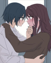 Rule 34 | 2girls, blue eyes, blue hair, blue nails, blush, brown hair, brown sweater, collared shirt, commentary request, couple, dress shirt, earrings, eye contact, grabbing another&#039;s chin, grey eyes, hand on another&#039;s chin, highres, jewelry, long hair, long sleeves, looking at another, multiple girls, nail polish, original, parted lips, sakashima 0822, school uniform, shirt, short hair, sidelocks, sleeves past elbows, stud earrings, sweater, yuri