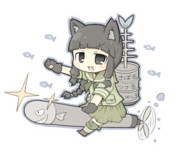 Rule 34 | 10s, 1girl, :3, animal ears, animal hands, bad id, bad pixiv id, black eyes, black hair, blunt bangs, braid, can, canned food, cat ears, cat paws, chibi, fang, fish, fish (food), fish bone, gloves, grin, kantai collection, kitakami (kancolle), long hair, open mouth, paw gloves, personification, single braid, sitting, smile, solo, sparkle, torpedo, yuasan
