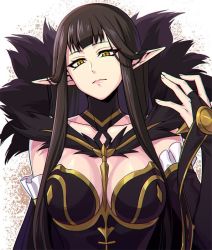 Rule 34 | 1girl, breasts, brown hair, detached sleeves, expressionless, fate/apocrypha, fate (series), fur collar, hand up, large breasts, long hair, pointy ears, semiramis (fate), solo, yellow eyes, zonfgs