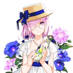 Rule 34 | 1girl, alternate costume, bad id, bad pixiv id, blue bow, blue flower, blue ribbon, bottle, bow, braid, collarbone, dress, fate/grand order, fate (series), flower, glasses, hair bow, hair over one eye, hat, hat bow, hat ribbon, head tilt, highres, holding, holding bottle, jewelry, looking at viewer, mash kyrielight, mona0101, necklace, pink flower, pink hair, purple eyes, ribbon, short hair, side braid, single braid, sleeveless, sleeveless dress, smile, solo, straw hat, sun hat, upper body, white-framed eyewear, white background, white dress