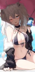 Rule 34 | 1girl, absurdres, ahoge, alternate costume, animal ears, beach, bikini, black bikini, black jacket, black nails, breasts, can, card, character name, cleavage, collarbone, commentary, criss-cross halter, day, drink can, ear piercing, english commentary, english text, fangs, front-tie bikini top, front-tie top, fur-trimmed jacket, fur trim, grey eyes, grey hair, groin, hair between eyes, halterneck, head tilt, highres, holding, holding card, hololive, huge filesize, jacket, kabedoru, large breasts, lion ears, lion girl, lion tail, long hair, long sleeves, looking at viewer, nail polish, navel, off shoulder, one eye closed, open clothes, open jacket, open mouth, outdoors, parasol, piercing, shade, shishiro botan, side-tie bikini bottom, sidelocks, sitting, smile, soda can, solo, sparkle, stomach, string bikini, sunlight, swimsuit, tail, two side up, umbrella, virtual youtuber, yokozuwari