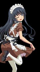 Rule 34 | 10s, 1girl, ;d, apron, black hair, blue eyes, brown dress, dress, leg up, long hair, looking at viewer, looking back, maid, maid headdress, minamiya natsuki, one eye closed, open mouth, pantyhose, skirt hold, smile, solo, standing, strike the blood, transparent background, white apron, white pantyhose