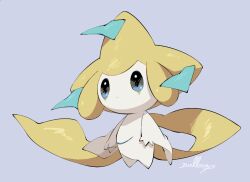 Rule 34 | artist name, colored skin, creatures (company), facial mark, full body, game freak, gen 3 pokemon, grey background, jirachi, legendary pokemon, mythical pokemon, nintendo, no humans, nullma, pokemon, pokemon (creature), signature, simple background, tanzaku, white skin