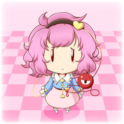 Rule 34 | 1girl, :&lt;, anger vein, ankle socks, arms at sides, blouse, checkered floor, chibi, floor, hands in opposite sleeves, headband, heart, komeiji satori, looking at viewer, mazume, no shoes, pink background, pink hair, shadow, shirt, short hair, skirt, socks, solo, tareme, tears, third eye, touhou, | |