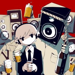 Rule 34 | 1boy, amplifier, avogado6, beer mug, black jacket, bottle, breast pocket, collared shirt, cup, head tilt, headphones, holding, holding cup, jacket, jitome, long sleeves, looking at viewer, male focus, mug, necktie, original, people, pinky out, pocket, red background, shirt, simple background, solo focus, speaker, tuxedo, white shirt, wine bottle, wing collar