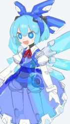 Rule 34 | 1girl, absurdres, android, arms at sides, artist name, blue eyes, blue hair, blue shirt, blue skirt, blush stickers, bob cut, bright pupils, cheri zao, cirno, collared shirt, commentary, crystal wings, feet out of frame, glowing, glowing eyes, headgear, highres, joints, layered shirt, looking ahead, mechanical wings, mechanization, neck ribbon, open mouth, puffy short sleeves, puffy sleeves, red ribbon, revision, ribbon, ringed eyes, robot joints, see-through, see-through shirt, see-through skirt, shirt, short hair, short sleeves, skirt, smile, solo, standing, touhou, v-shaped eyebrows, white background, white pupils, white shirt, wings
