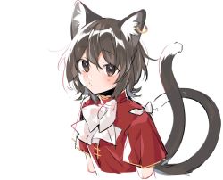 Rule 34 | 1girl, adapted costume, akagashi hagane, animal ear fluff, animal ears, blush, bow, bowtie, brown eyes, brown hair, cat ears, cat tail, chen, closed mouth, earrings, hair between eyes, jewelry, light smile, looking at viewer, multiple tails, nekomata, no headwear, red shirt, shirt, short hair, short sleeves, simple background, single earring, solo, tail, touhou, two tails, upper body, white background, white bow, white bowtie