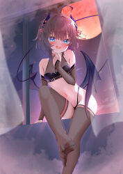 Rule 34 | 1girl, absurdres, ahoge, alternate costume, arm support, armpit crease, bare shoulders, belt, black nails, black panties, blue eyes, blush, breasts, brown hair, brown thighhighs, cloud, cloudy sky, commentary, curtains, demon girl, demon horns, demon tail, demon wings, detached sleeves, eyelashes, fang, feet, foot out of frame, foreshortening, full moon, gradient sky, hand up, highleg, highleg panties, highres, hololive, horn ornament, horn ribbon, horns, knee up, legs, looking at viewer, medium hair, moon, natsuiro matsuri, navel, no shoes, open mouth, orange ribbon, panties, pink sky, purple sky, revealing clothes, ribbon, ribbon trim, see-through, see-through legwear, see-through sleeves, sitting, sitting in window, skin fang, sky, small breasts, solo, spread toes, star (sky), starry sky, stomach, tail, thighhighs, thighs, toenails, toes, underwear, virtual youtuber, window, wings, yoshie eneko