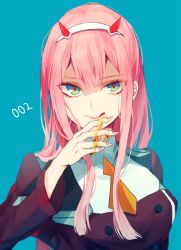 Rule 34 | 10s, aqua eyes, blush, buttons, darling in the franxx, double-breasted, eyeshadow, green eyes, hairband, horns, licking, licking finger, licking lips, liquid, makeup, military, military uniform, orange neckwear, pink hair, satsuki (miicat), solo, straight hair, tongue, tongue out, uniform, white hairband, zero two (darling in the franxx)