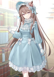 Rule 34 | 1girl, :o, animal ear fluff, animal ears, blue bow, blue dress, blue headwear, blurry, blurry background, blush, bonnet, book, bookshelf, bow, breasts, brown hair, cat ears, cat girl, cat tail, commentary request, commission, depth of field, dress, ears through headwear, frilled dress, frills, gloves, hair between eyes, hand up, highres, indoors, lolita fashion, long hair, long sleeves, looking at viewer, original, parted lips, pixiv commission, puffy long sleeves, puffy sleeves, purple eyes, ronopu, small breasts, solo, tail, very long hair, white bow, white gloves