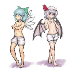 Rule 34 | 2girls, barefoot, bat wings, bloomers, blue eyes, blue hair, bow, child, cirno, covering privates, covering breasts, feet, flat chest, full body, hair bow, hat, kuro suto sukii, mob cap, multiple girls, navel, purple hair, red eyes, remilia scarlet, short hair, simple background, topless, touhou, underwear, white background, wings