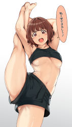 Rule 34 | 1girl, :d, alp, armpits, arms up, bare arms, bare legs, barefoot, black camisole, black shorts, blush, breasts, brown eyes, brown hair, camisole, collarbone, commentary request, cowboy shot, crop top, drawstring, gradient background, grey background, highres, kneepits, looking at viewer, medium breasts, midriff, navel, open mouth, original, short hair, shorts, smile, solo, speech bubble, split, standing, standing on one leg, standing split, stomach, sweatdrop, teeth, toes, translation request, underboob, upper teeth only, v-shaped eyebrows, white background