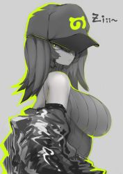 Rule 34 | 1girl, absurdres, alternate breast size, alternate costume, bare shoulders, baseball cap, breasts, closed mouth, fuzinoe 13b, grey background, hat, highres, huge breasts, jacket, japari symbol, kemono friends, long hair, looking at viewer, monochrome, off shoulder, partially colored, shoebill (kemono friends), simple background, sleeveless, sleeveless sweater, solo, sound effects, staring, sweater, turtleneck, turtleneck sweater, upper body