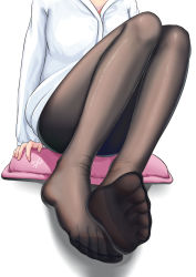 Rule 34 | 1girl, black pantyhose, feet, foot focus, foreshortening, highres, legs, long sleeves, no shoes, pantyhose, pillow, simple background, sitting, soles, solo, thighs, toes, wcks0774, white background
