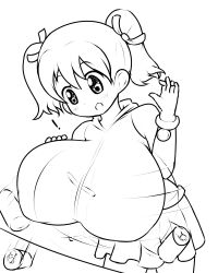 Rule 34 | !, 1girl, alternate breast size, breasts, brown hair, can, covered erect nipples, drawfag, drink can, gloves, hand on own chest, highres, huge breasts, leaning forward, legs, monochrome, open mouth, saru getchu, sayaka (saru getchu), sketch, skirt, soda can, solo, sony, surprised, thighs, twintails