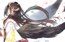 Rule 34 | 1girl, :o, albedo (overlord), bad id, bad pixiv id, blurry, blurry background, brown eyes, brown hair, brown wings, commentary request, curled horns, depth of field, eyes visible through hair, feathered wings, grey background, hair between eyes, horns, japanese clothes, kimono, long hair, long sleeves, looking at viewer, looking to the side, mitu yang, off shoulder, overlord (maruyama), parted lips, simple background, solo, very long hair, white kimono, wide sleeves, wings