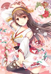 Rule 34 | 10s, 1girl, armpits, bare shoulders, breasts, brown eyes, brown hair, cleavage, detached sleeves, female focus, flower, gunp, hair ornament, hairband, hairclip, haruna (kancolle), headgear, japanese clothes, kantai collection, long hair, looking at viewer, nontraditional miko, open \m/, open mouth, skirt, smile, thighhighs