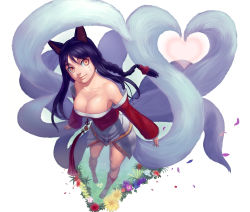 Rule 34 | 1girl, ahri (league of legends), animal ears, bare shoulders, black hair, braid, breasts, cleavage, detached sleeves, facial mark, flower, fox ears, fox tail, heart, highres, korean clothes, large breasts, lasterk, league of legends, light smile, long hair, multiple tails, orange eyes, petals, simple background, single braid, smile, solo, tail, whisker markings
