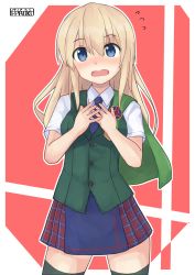 Rule 34 | 1girl, blonde hair, blue eyes, blue necktie, blue skirt, brave witches, breasts, cloak, commission, cosplay, dress shirt, green cloak, green thighhighs, green vest, highres, kantai collection, long hair, medium breasts, miniskirt, necktie, nora taylor, pepatiku, perth (kancolle), perth (kancolle) (cosplay), pixiv commission, plaid, plaid skirt, pleated skirt, school uniform, shirt, short sleeves, skirt, solo, thighhighs, vest, white shirt, world witches series
