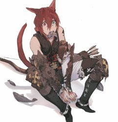 Rule 34 | 1boy, animal ears, aqua eyes, arm guards, arrow (projectile), black footwear, black pants, boots, bow (weapon), cat boy, cat ears, cat tail, code009, cross-laced footwear, facial mark, feet out of frame, final fantasy, final fantasy xiv, fish, from above, g&#039;raha tia, hair between eyes, heterochromia, highres, knee boots, knee guards, knees up, looking at viewer, male focus, miqo&#039;te, mouth hold, pants, quiver, red eyes, red hair, short hair, simple background, sitting, sleeveless, solo, tail, v arms, vest, weapon, white background, white pants