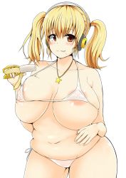 Rule 34 | 1girl, banana, belly, blonde hair, breasts, brown eyes, covered erect nipples, dominican, food, fruit, headphones, huge breasts, jewelry, navel, necklace, nitroplus, plump, star (symbol), super pochaco