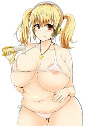 1girl banana belly blonde_hair breasts brown_eyes covered_erect_nipples dominican food fruit headphones huge_breasts jewelry navel necklace nitroplus plump star_(symbol) super_pochaco