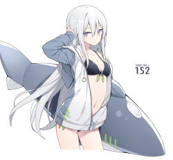 Rule 34 | 1girl, arm up, bikini, black bikini, breasts, closed mouth, commentary request, cropped legs, front-tie bikini top, front-tie top, highres, inflatable shark, inflatable toy, jacket, long hair, looking at viewer, navel, open clothes, open jacket, original, poco (asahi age), purple eyes, raglan sleeves, shark fin, silver hair, small breasts, solo, stomach, string bikini, swimsuit, thighs, very long hair, white background, white jacket