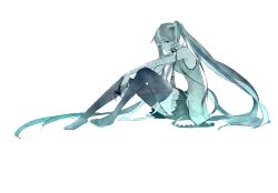 Rule 34 | 1girl, bad id, bad pixiv id, detached sleeves, gohan (artist), gohan (memetomare), hatsune miku, headphones, highres, long hair, necktie, simple background, sitting, skirt, solo, thighhighs, twintails, very long hair, vocaloid