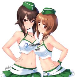 Rule 34 | 2girls, artist name, belt, blush, bracelet, breasts, brown eyes, brown hair, cleavage, closed mouth, clothes writing, commission, criss-cross halter, crop top, english text, frilled skirt, frills, garrison cap, girls und panzer, green headwear, green skirt, halterneck, hand on own hip, hat, highres, jewelry, kuzuryuu kennosuke, leaning forward, logo, looking at viewer, medium breasts, midriff peek, miniskirt, multiple girls, navel, nishizumi maho, nishizumi miho, pacific racing team, race queen, shirt, short hair, siblings, signature, simple background, sisters, skirt, smile, standing, white background, white belt, white shirt