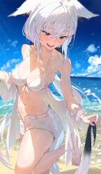 Rule 34 | 1girl, alternate costume, animal ears, armpit crease, barefoot, beach, bikini, bikini top only, blue eyes, breasts, commentary request, cropped legs, day, ears down, fox ears, fox girl, fox tail, front-tie top, gradient tail, hair between eyes, highres, holding own tail, hololive, kakage, leg up, long hair, low ponytail, medium breasts, ocean, open fly, outdoors, shirakami fubuki, shorts, solo, swimsuit, tail, toes, virtual youtuber, wet, white bikini, white hair, white shorts