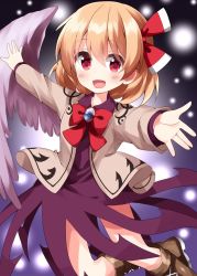 Rule 34 | 1girl, blonde hair, cosplay, feathered wings, highres, kishin sagume, kishin sagume (cosplay), one-hour drawing challenge, outstretched arms, purple skirt, red eyes, rumia, ruu (tksymkw), short hair, single wing, skirt, solo, spread arms, touhou, white wings, wings
