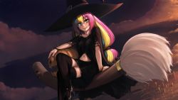 Rule 34 | 1girl, above clouds, arm rest, arm support, black shirt, black skirt, black thighhighs, blonde hair, blue eyes, blue hair, blush, bracelet, broom, broom riding, closed mouth, cloud, cloudy sky, crossed legs, flying, hat, heterochromia, high heels, highres, jewelry, long hair, looking at viewer, mary janes, midriff peek, mimi (picarto.tv), multicolored hair, navel, paintrfiend, picarto.tv, pink hair, pumpkin, shirt, shoes, sitting, skirt, sky, smile, solo, star (sky), starry sky, sunset, thighhighs, witch, witch hat, yellow eyes