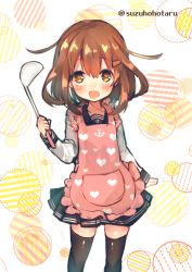 Rule 34 | 10s, 1girl, anchor symbol, apron, brown eyes, brown hair, hair ornament, heart, heart-shaped pupils, ikazuchi (kancolle), kantai collection, ladle, looking at viewer, pleated skirt, sailor collar, school uniform, serafuku, short hair, skirt, solo, striped, striped background, suzuho hotaru, symbol-shaped pupils, thighhighs, twitter username