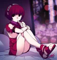 Rule 34 | 1girl, absurdres, ass, dorothy haze, finger to mouth, from side, hair ornament, highres, indoors, joints, looking at viewer, pink eyes, pink hair, puffy sleeves, robot, robot joints, sitting, skirt, sungwon, va-11 hall-a, window