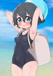 Rule 34 | 1girl, armpits, black hair, black one-piece swimsuit, blue eyes, blush, breasts, cameltoe, collarbone, covered navel, highres, kaban (kemono friends), kemono friends, looking at viewer, ocean, one-piece swimsuit, open mouth, outdoors, ransusan, short hair, small breasts, smile, solo, swimsuit