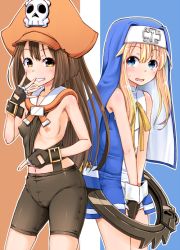 Rule 34 | 1boy, 1girl, back-to-back, bike shorts, blonde hair, blue eyes, breasts, bridget (guilty gear), brown eyes, brown hair, commentary request, covered erect nipples, fingerless gloves, gloves, guilty gear, guilty gear xrd, guilty gear xx, hat, long hair, may (guilty gear), naughty face, navel, nipples, nun, one breast out, pirate hat, poncocchan, sailor collar, small breasts, trap, wrist cuffs
