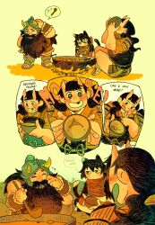 Rule 34 | &lt;o&gt; &lt;o&gt;, 1boy, 2girls, :d, :q, beard, black hair, blush, brown hair, campfire, cat girl, cooking, cutystuffy, dungeon meshi, dwarf, expressions, facial hair, fake horns, fluff, happy, happy tears, helmet, highres, horned helmet, horns, inutade, izutsumi, long beard, long hair, monster girl, motion lines, multiple girls, mustache, oni, open mouth, senshi (dungeon meshi), skin-covered horns, smile, sparkling eyes, surprised, tail, tail wagging, tasting, tears, thick mustache, thought bubble, tongue, tongue out, twintails, very long beard, wok
