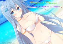 Rule 34 | 1girl, armlet, beach, bikini, blue eyes, blue hair, blush, breasts, cameltoe, choker, cleavage, cowboy shot, day, dutch angle, emori miku, gluteal fold, hair ornament, hand on own chest, highres, large breasts, liver city, long hair, looking at viewer, matching hair/eyes, miko (royal milk), nail polish, navel, original, outdoors, skindentation, solo, swimsuit, very long hair, yellow nails
