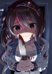 Rule 34 | 1girl, absurdres, azki (hololive), blood, blood on clothes, blood on face, blue hair, brown hair, colored inner hair, dress, false smile, highres, holding, holding knife, hololive, indoors, kitchen knife, knife, kurenaiaoi0, long sleeves, looking at viewer, multicolored hair, pink hair, purple eyes, shaded face, sidelocks, smile, solo, standing, streaked hair, tiara, virtual youtuber, white dress, white hair, yandere
