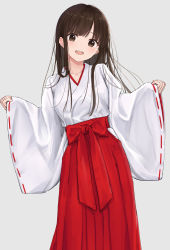 Rule 34 | 1girl, akipeko, blush, breasts, brown eyes, brown hair, collarbone, commentary request, grey background, hakama, hakama skirt, highres, japanese clothes, kimono, long hair, medium breasts, original, red kimono, ribbon-trimmed sleeves, ribbon trim, simple background, skirt, smile, solo, teeth, upper teeth only, white kimono, wide sleeves