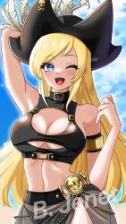 Rule 34 | 1girl, armlet, bare shoulders, bikini, blonde hair, blue eyes, breasts, cleavage, crop top, fatal fury, hat, highres, jenet behrn, large breasts, long hair, nmkpsho, official alternate costume, one eye closed, open mouth, pirate hat, sarong, sleeveless, smile, snk, solo, swimsuit, the king of fighters, the king of fighters all-stars, wink