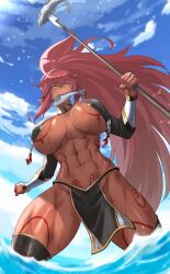 Rule 34 | 1girl, abs, absurdres, ahoge, anagumasan, black thighhighs, blue sky, body markings, breast curtains, breasts, breasts apart, cloud, covered erect nipples, dark-skinned female, dark skin, fang, fish, fish in mouth, fishing, fishing spear, gem, gold choker, hair between eyes, highres, holding, holding polearm, holding weapon, large breasts, long hair, muscular, muscular female, navel, original, outdoors, pelvic curtain, pointy ears, polearm, ponytail, red gemstone, red hair, shrug (clothing), sky, smile, solo, stomach, thick thighs, thighhighs, thighs, very long hair, water, weapon, wet, yellow eyes